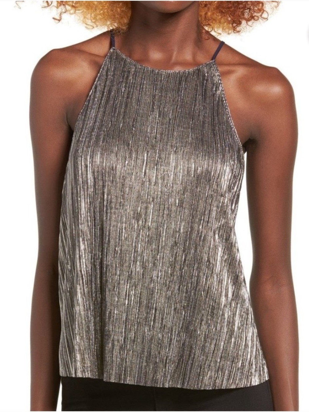 Outback Red Metallic Sliver Pleated Halter Tank Top, Size Small